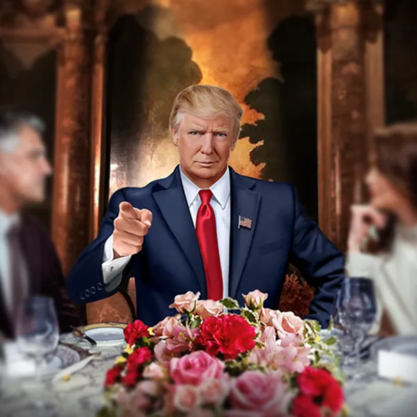 President Trump seated at a formal dinner table with guests and a floral centerpiece