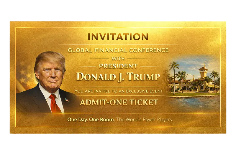 Invitation ticket for a Global Financial Conference with President Donald J. Trump, featuring his portrait and a resort building by water.