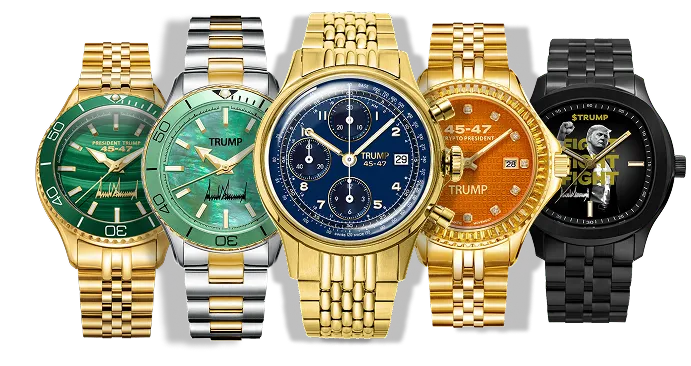 Five luxury wristwatches with gold, silver, and black bands featuring signatures and branding related to Trump 45-47.