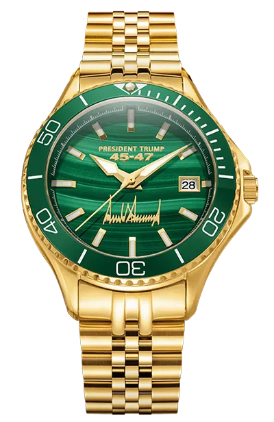 Gold wristwatch with a green malachite-style face, labeled 'President Trump 45-47' with a printed signature and date window at 3 o'clock.